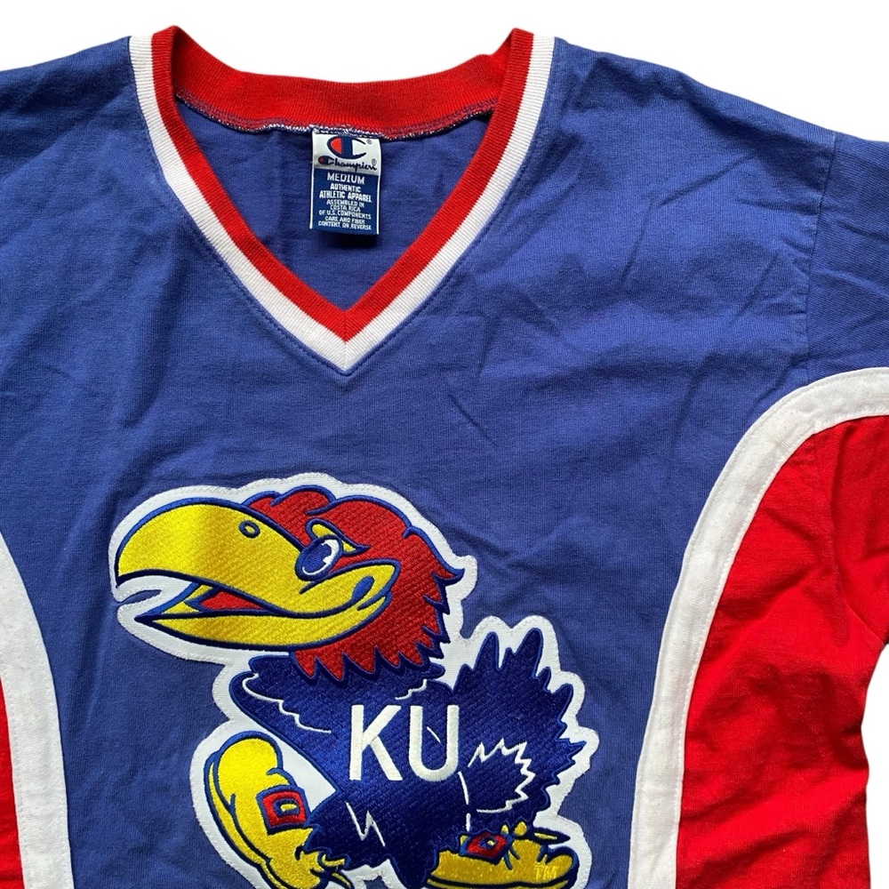 Champion Kansas Jayhawks VTG Shooting Shirt Tee M 90s Large Embroidered Graphic